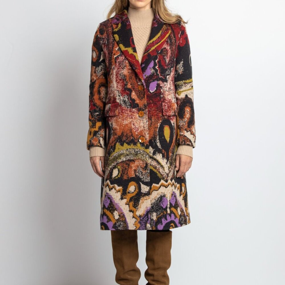 Ivko Woman Boiled 100% Wool Artistic Pattern Nougat Coatigan Jacket Sz 44 NW